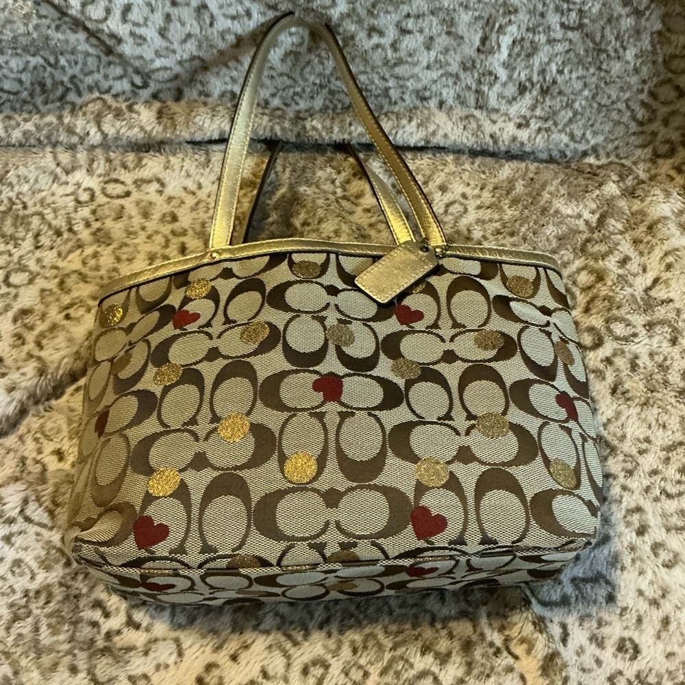 Coach Gold and Brown Hearts Jacquard & Leather Signature Tote Bag - Picture 3 of 4